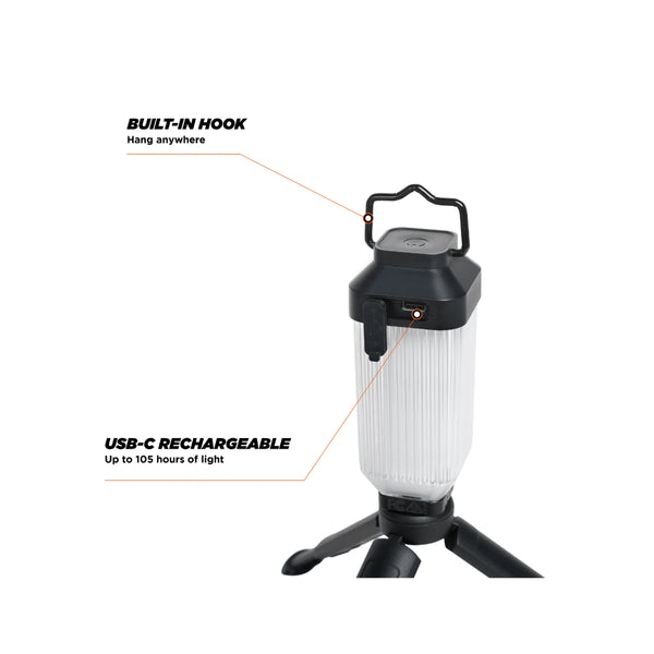 Oztent Lock-On Mini Lamp | Image showing Close Up View Of The Lamp With Some Features Listed.