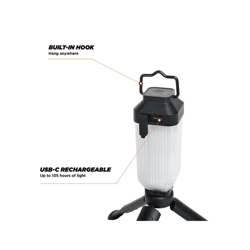 Oztent Lock-On Mini Lamp | Image showing Close Up View Of The Lamp With Some Features Listed.