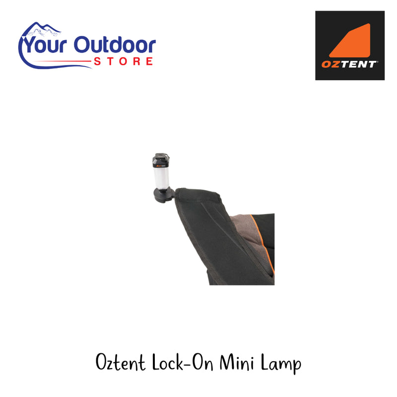 Oztent Lock-On Mini Lamp | Hero Image Showing All Logos And Titles.