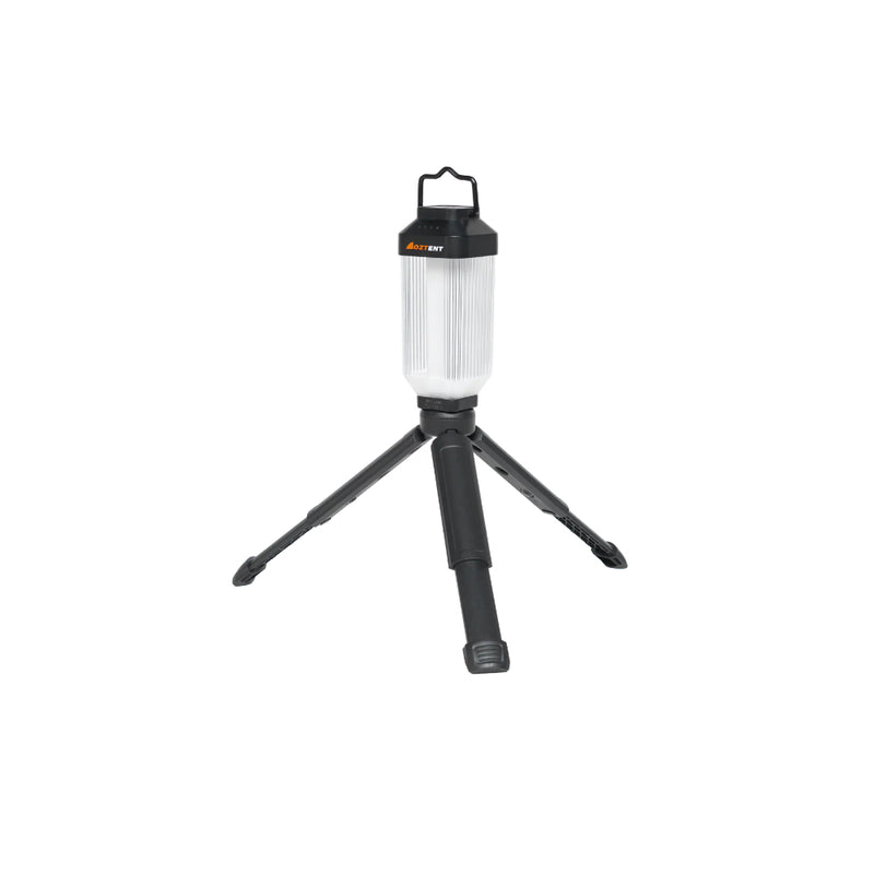 Oztent Lock-On Mini Lamp | Image Showing THe Mini Lamp ON The Tripod Legs, Handle Up.