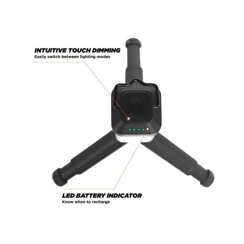 Oztent Lock-On Mini Lamp | Image Showing Close UP View At The Top Of The Mini Lamp Showing The Battery Indicator, And Dimming Button.