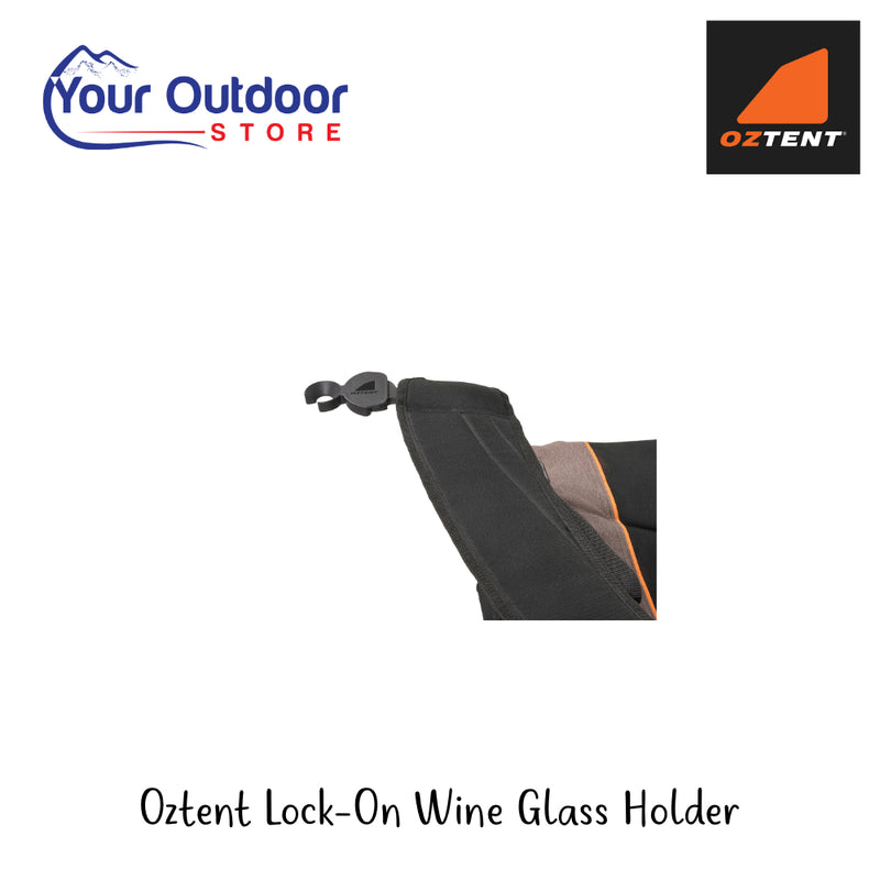 Oztent Lock-On Wine Glass Holder | Hero Image Showing All Logos And Titles.