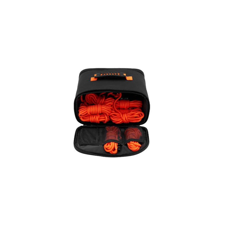 Black / Orange | Oztent Peg and Guy rope Bag. Side View Showing Guy Rope Pocket. 