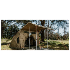 Khaki | Oztent RV-5 Plus Tent Image Showing Angled Front View Set Up In The Bush.