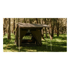 Khaki | Oztent RV-5 Plus Tent Image Showing Front View Set Up In The Bush.