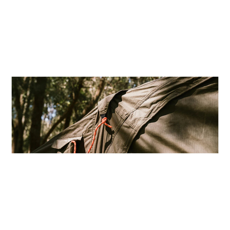 Khaki | Oztent RV-5 Plus Tent Image Showing Close Up View Of Guy Rope Tie Point.