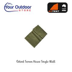 Oztent Screen House Single Wall. Hero Image Showing Logos and Title. 