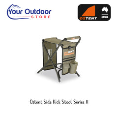Oztent Side Kick Stool Series II. Hero Image Showing Logos and Title. 