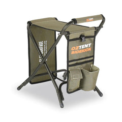 Khaki | Oztent Side Kick Stool Series II. Angled View, Showing, Seat, Flip Over Table and Side Pockets. 