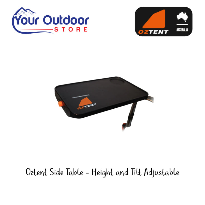 Oztent Side Table - Height and Tilt Adjustable. Hero Image Showing Logos and Title. 