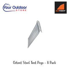 Oztent  Steel Tent Pegs 8 Pack | Hero Image Showing All Logos And Titles.