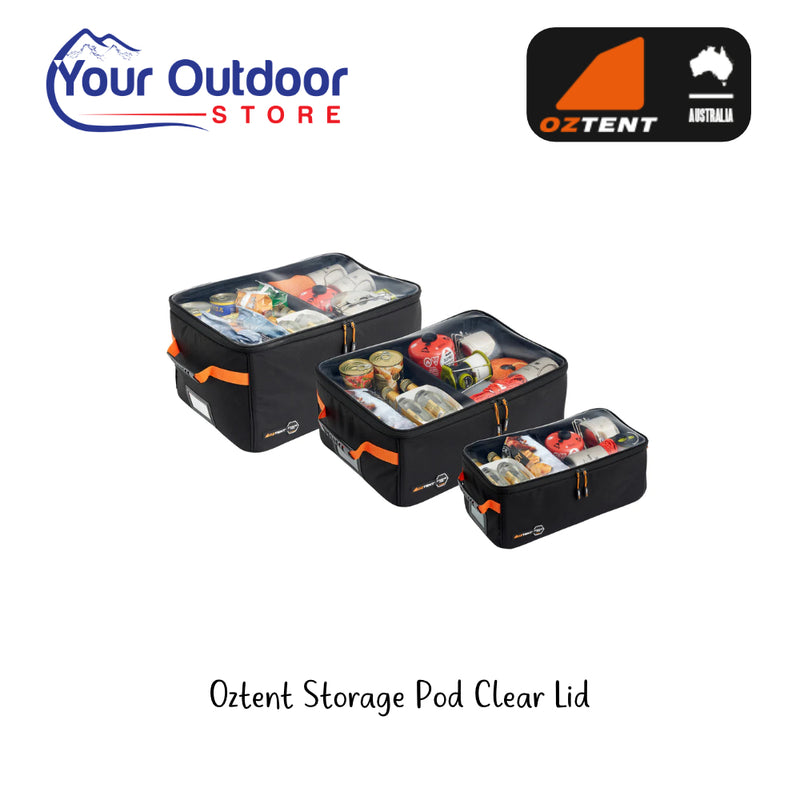 Oztent Storage Pod Clear Lid. Hero Image Showing Logos and Title. 