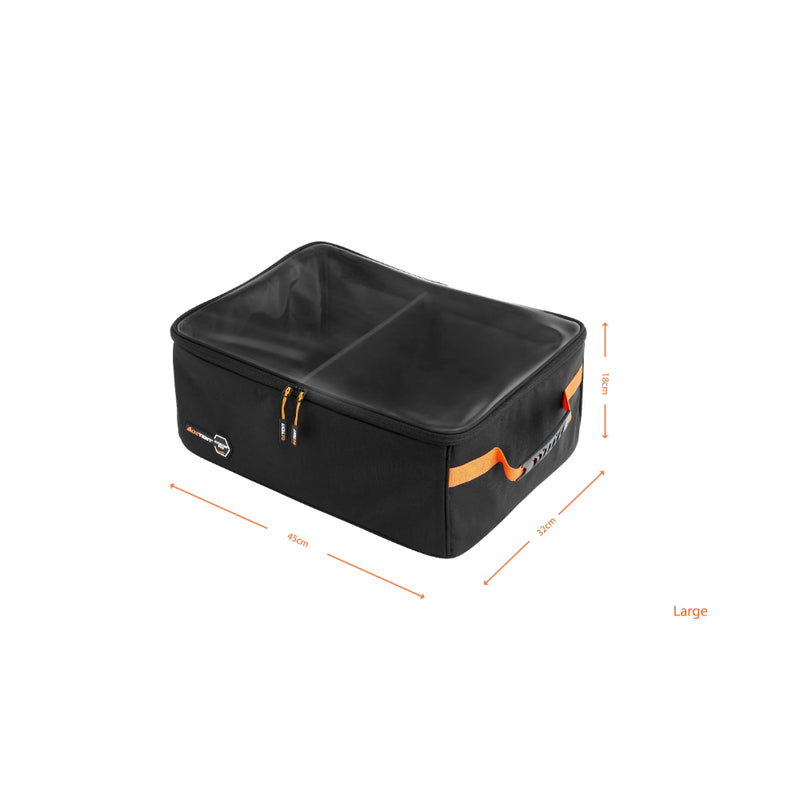Black / Orange | Oztent Storage Pod Clear. Shown in Size Large.