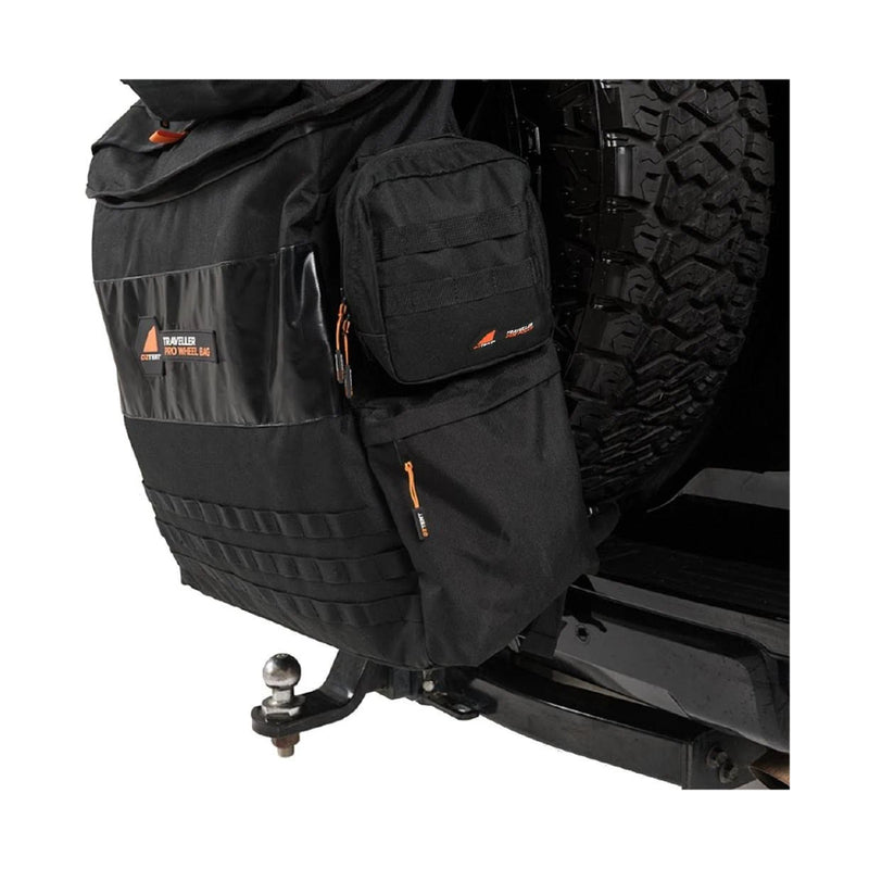 Oztent Traveller Side Pouch | Black Displaying Side Pouch Attached To A Traveller Pro Wheel Bag, Via Molle System.