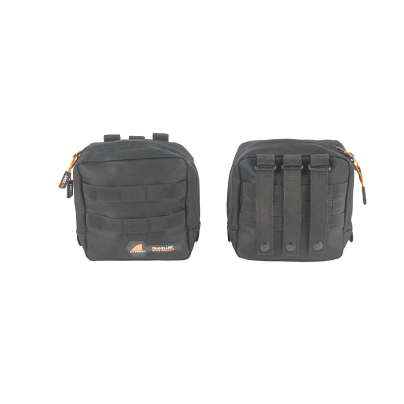 Oztent Traveller Side Pouch | Black Displaying Front View And Back View, Side By side.