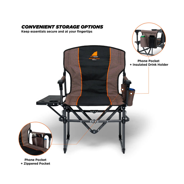 Brown | Oztent Wallaby Chair Series lll Image Showing Front View, Close Up On The Storage Options.