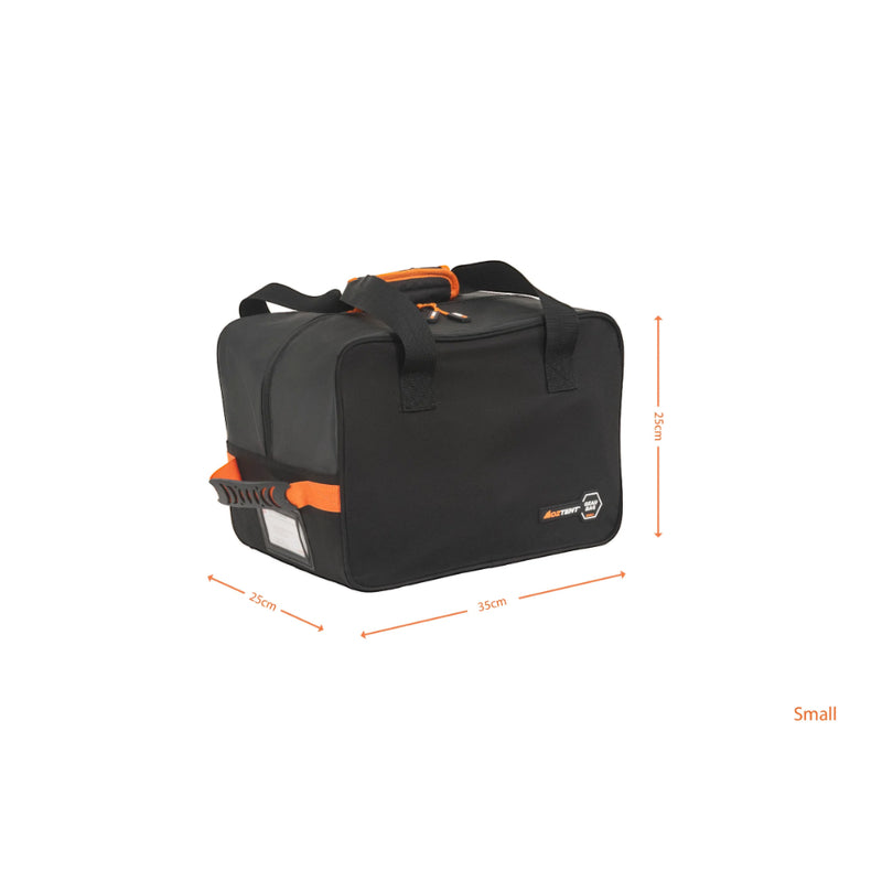 Black/Orange | Oztent Water Proof Canvas Gear Bag Image Showing Dimensions Of The Small Bag