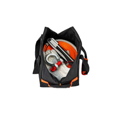 Black/Orange | Oztent Water Proof Canvas Gear Bag Image Showing Top View With Zipper Open.