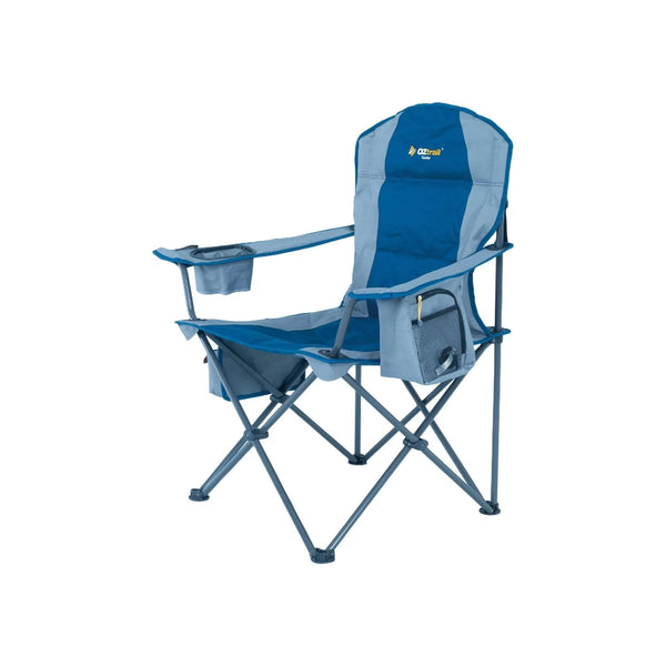 Blue | Oztrail Cooler Arm Chair Image Showing Angled Front View.