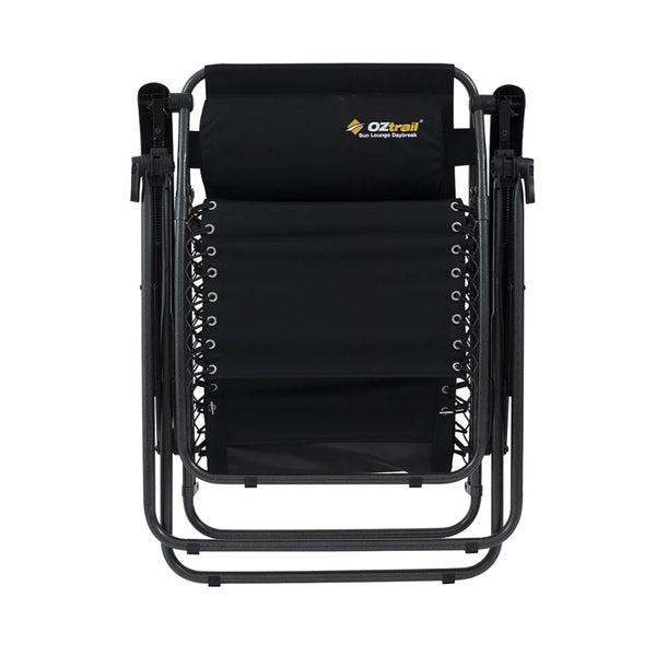 Black | Oztrail Daybreaker Sun Lounge Image Showing The Sun Lounger Folded Up For Transport And Travel.