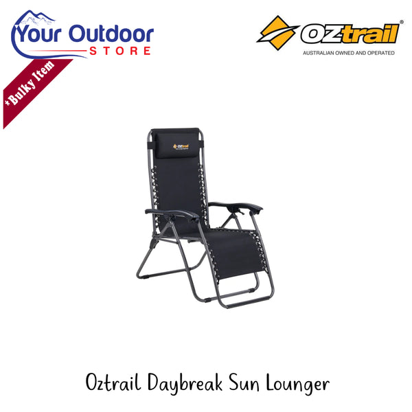 Oztrail Daybreak Sun Lounger | Hero Image Showing All Logos And Titles.