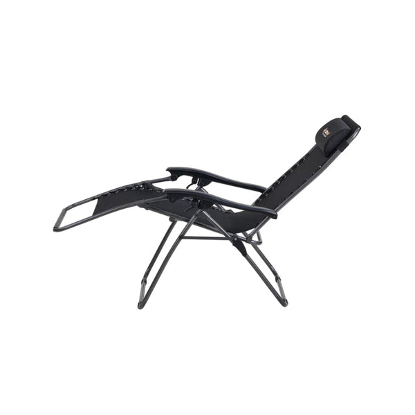 Black | Oztrail Daybreak Sun Lounger Image Showing Side View Of The Sun Lounger Reclined.
