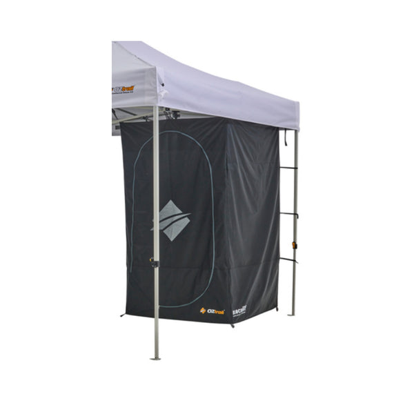 Black | Oztrail Deluxe Gazebo Blockout Ensuite Image Showing Close Up Of The Ensuite With The Door Closed.