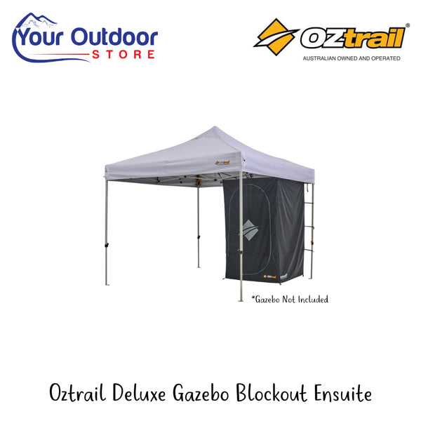 Oztrail Deluxe Gazebo Blockout Ensuite | Hero Image Showing All Logos And Titles.