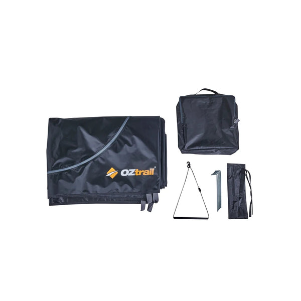 Black | Oztrail Deluxe Gazebo Blockout Ensuite Image Showing All Inclusions And Carry Bag.