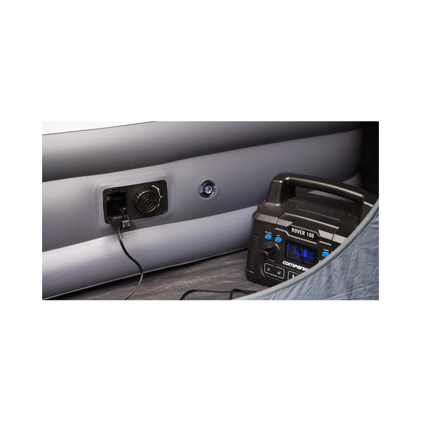 Black/Grey | Oztrail Doucomfort Queen Air Bed With 102V/240V Built In Air Pump Image Showing Air Bed Being Pumped Up, Connected To A Power Station.( Sold Separately )