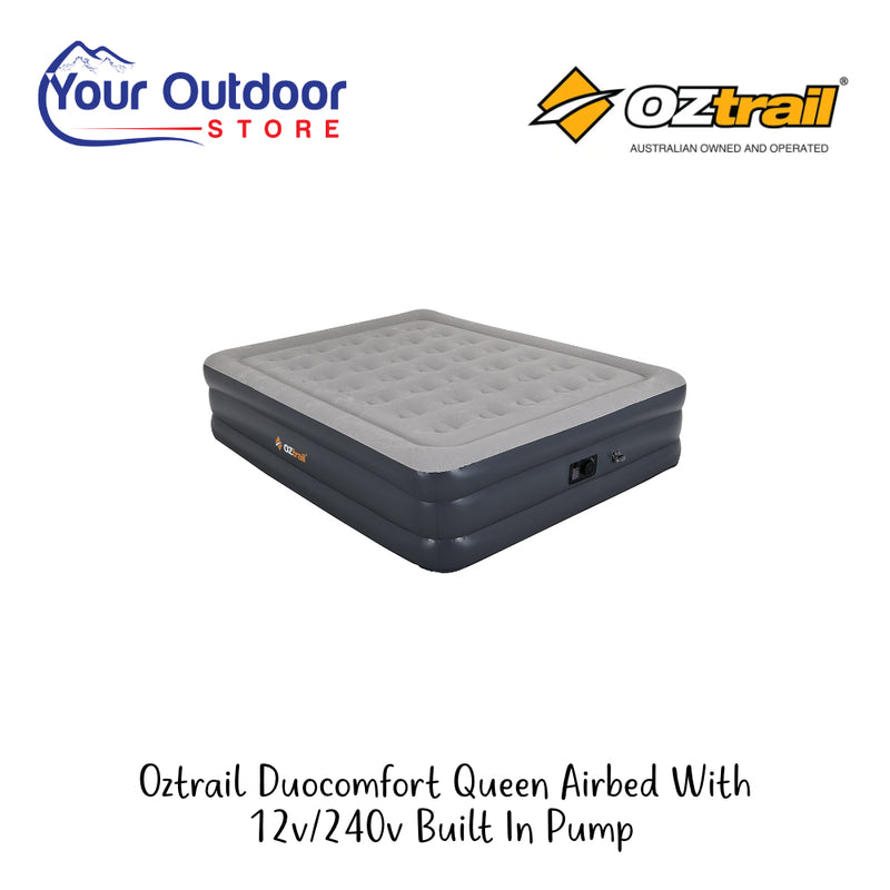 Oztrail Doucomfort Queen Air Bed With 102V/240V Built In Air Pump | Hero Image Showing All Logos And Titles.