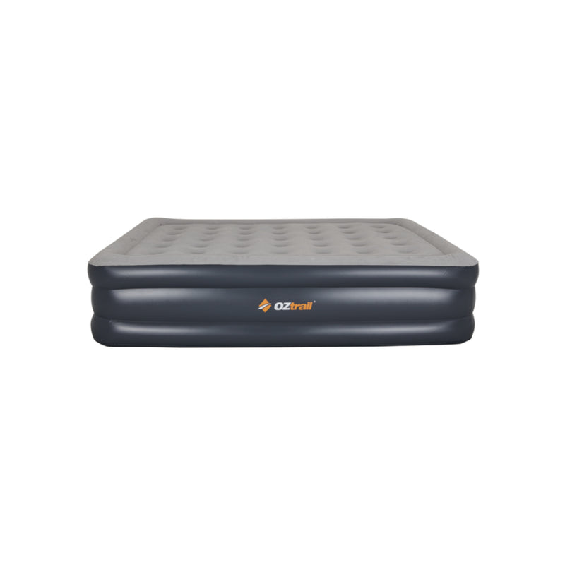 Black/Grey | Oztrail Doucomfort Queen Air Bed With 102V/240V Built In Air Pump Image Showing Front View.