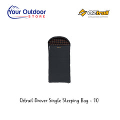 Oztrail Drover Single Sleeping Bag -10. Hero Image Showing Logos and Title. 