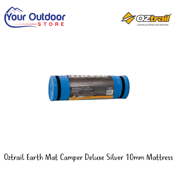 Oztrail Earth Mat Camper Deluxe Silver 10mm Mattress | Hero Image Showing All Logos And Titles.