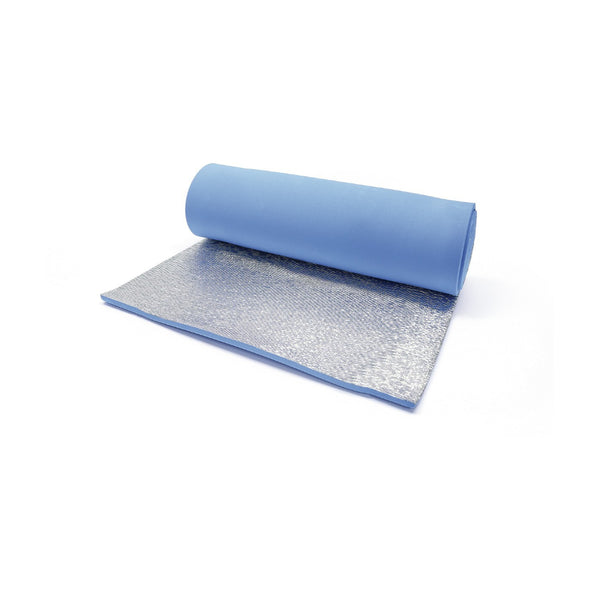Blue | Oztrail Earth mat Camper Deluxe Silver 10mm Mattress Image Showing Mat Being Unrolled Silver Side Up.
