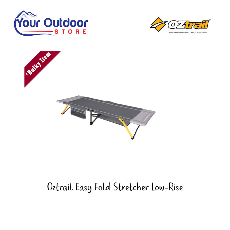Oztrail Easy Fold Stretcher Low Rise. Hero Image Showing Logos and Title. 