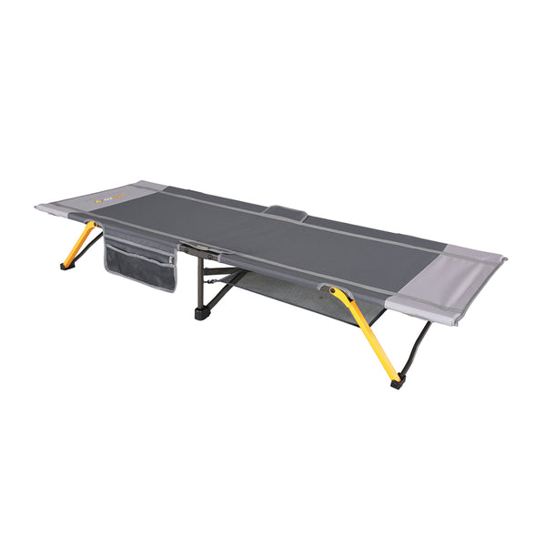 Grey | Oztrail Easy Fold Stretcher Low Rise. Angled Full View. 