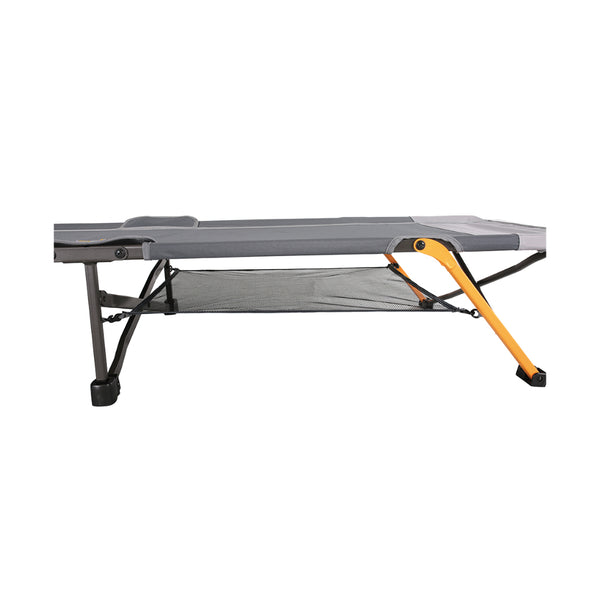 Grey | Oztrail Easy Fold Stretcher Low Rise. Showing Under Storage.