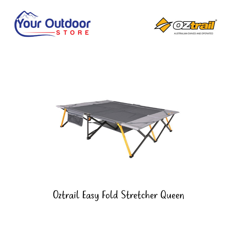 Oztrail Easy Fold Stretcher Queen Size. Hero Image Showing Logo and Title. 