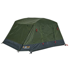 Green | Otrail Fast Frame 3 Person Tent Image Showing Angled View Of Rain Sheet On And Zipped Up.