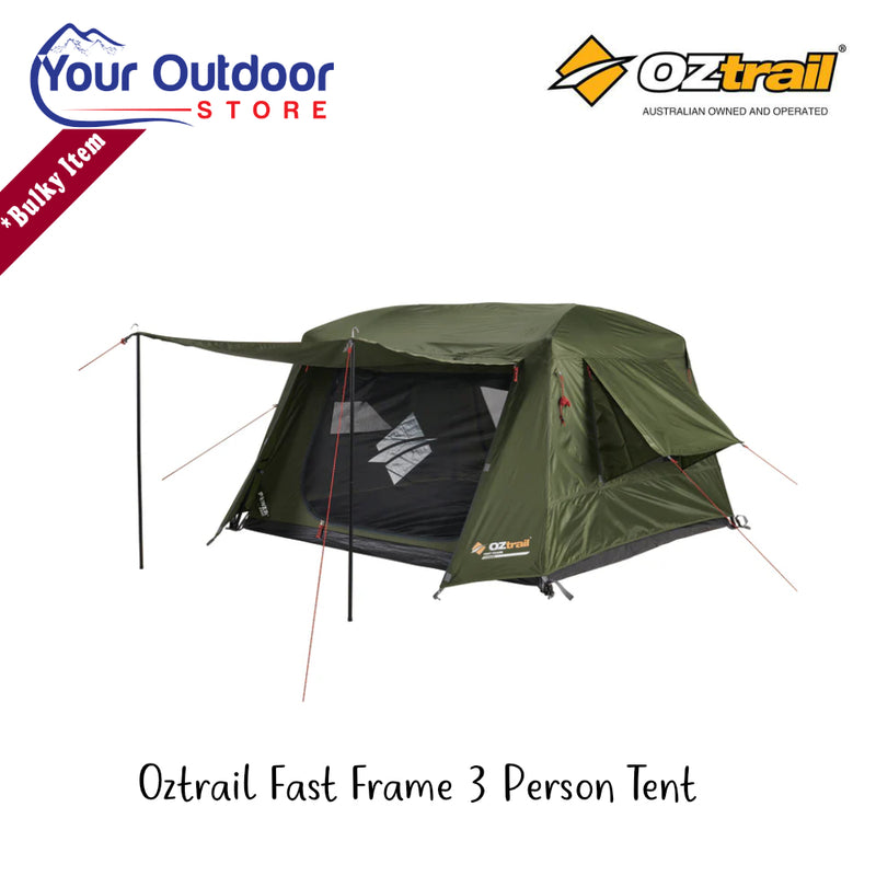 Oztrail Fast Frame 3 Person Tent | Hero Image Showing All Logos And Titles.