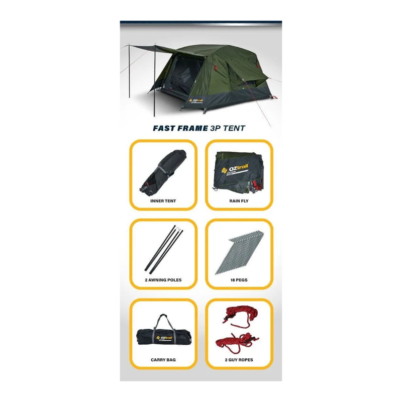 Green | Oztrail Fast Frame 3 Person Tent Image Showing Everything Included.