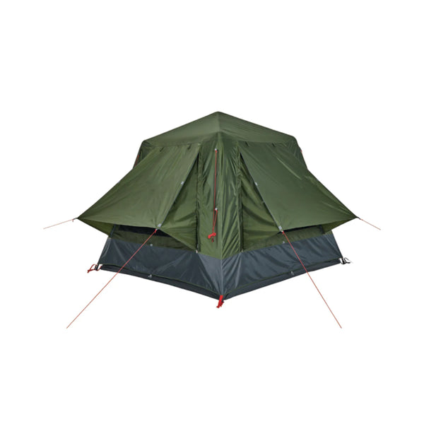 Green | Oztrail Fast Frame 4 Person Tent Image Showing Angled Back View, Top Cover On With Guy Ropes Out.