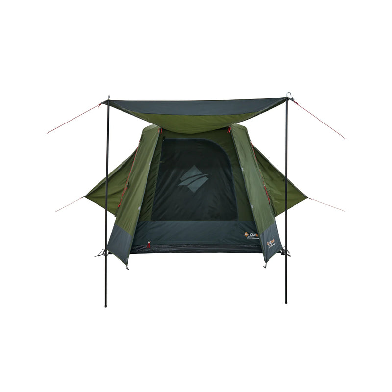 Green | Oztrail Fast Frame Tent 4 Person Image Showing Front View With Awning Up.
