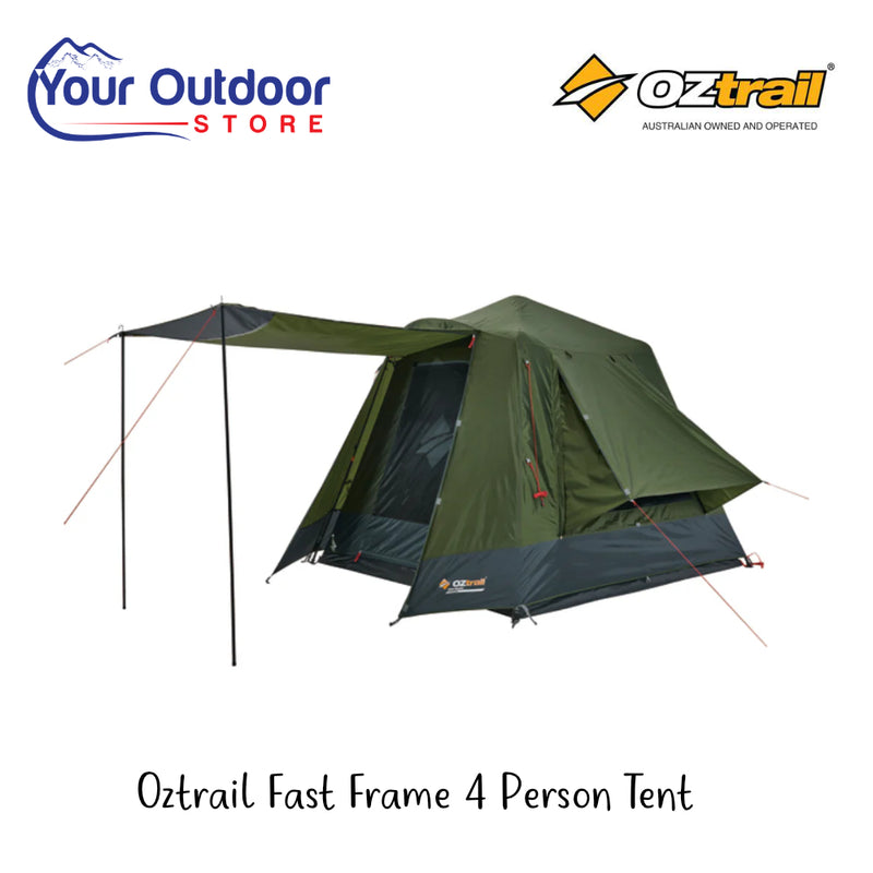 Oztrail Fast Frame Tent 4 Person | Hero Image Showing All Logos And Titles.