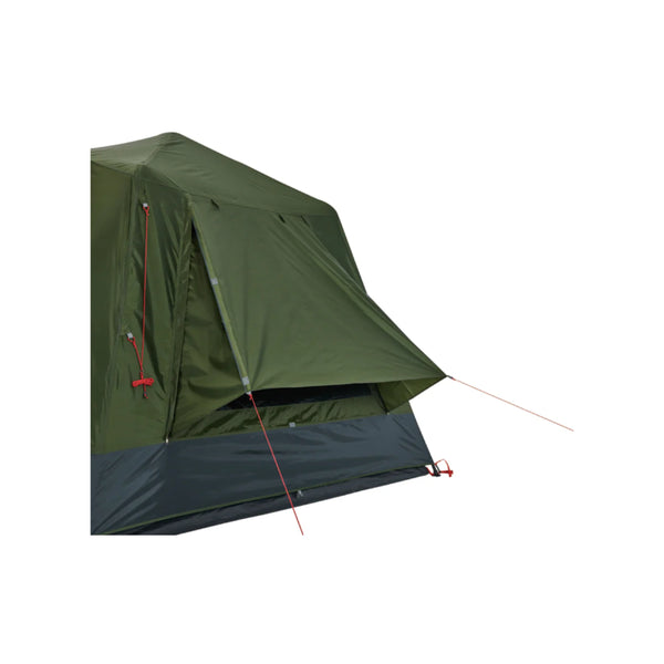Green | Oztrail Fast Framer 4 Person Tent Image Showing Side View, With Top Cover On And Guy Ropes Out.