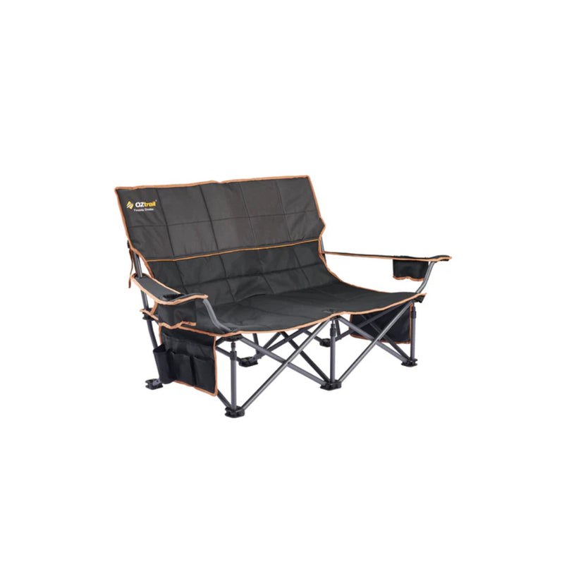 Black | Oztrail Fireside Double Chair Image Showing Angled Side View.