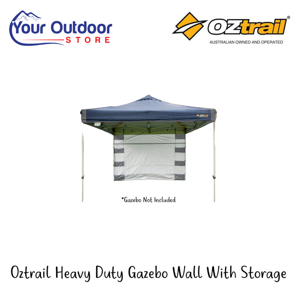 OZtrail Heavy Duty Gazebo Wall With Storage | Hero Image Showing All Logos And Titles.
