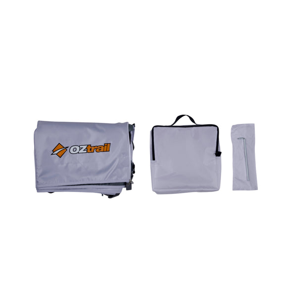 White | Oztrail Heavy Duty Gazebo Wall With Storage Image Showing All Inclusions.
