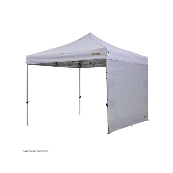 White | Oztrail Heavy Duty Gazebo Wall With Storage Image Showing Angled Back View.